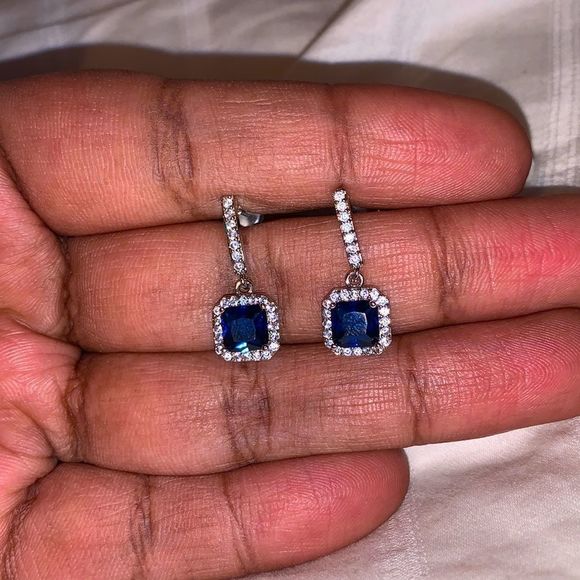White Gold Blue Gem Square Drop Earrings - Picture 2 of 8